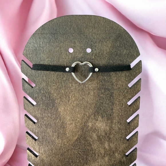 Source Unknown Jewelry - Y2K Black Choker Necklace Silver Tone Heart Pendant Goth Grunge Adjustable 12”